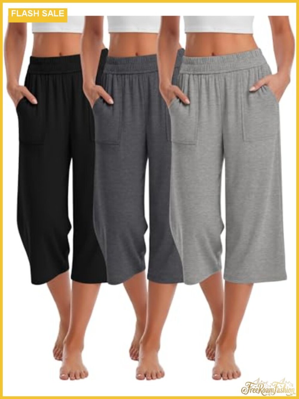 Women's 3 Pack Cotton Wide Leg Capri Lounge Sweatpants with Pockets